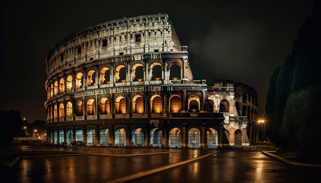 Het verlichte Romeinse Colosseum bij nacht met gouden licht dat door de bogen schijnt en natte straten die de reflecties weerkaatsen onder een donkere lucht.