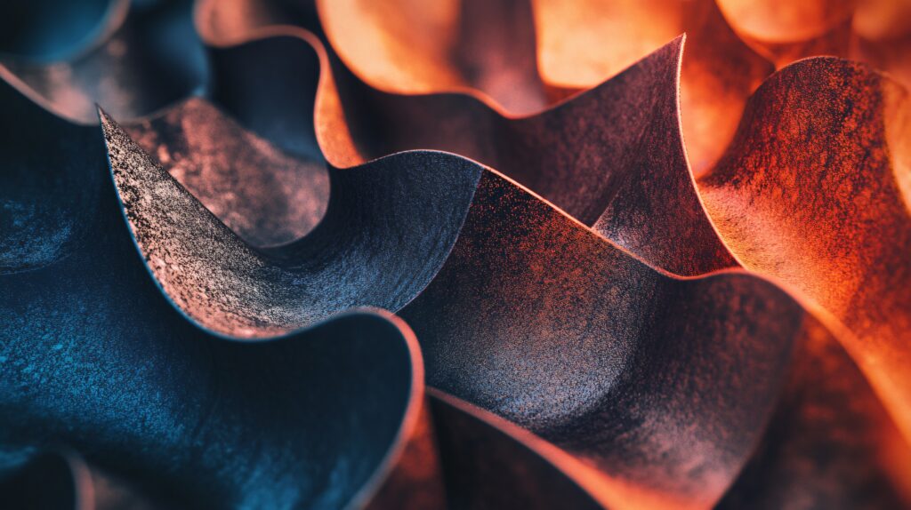 Abstracte close-up van gekrulde golvende vellen in donkerblauwe en koperoranje tinten.