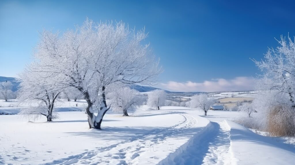Een wit besneeuwd landschap met bomen bedekt met rijp onder een strakblauwe hemel.