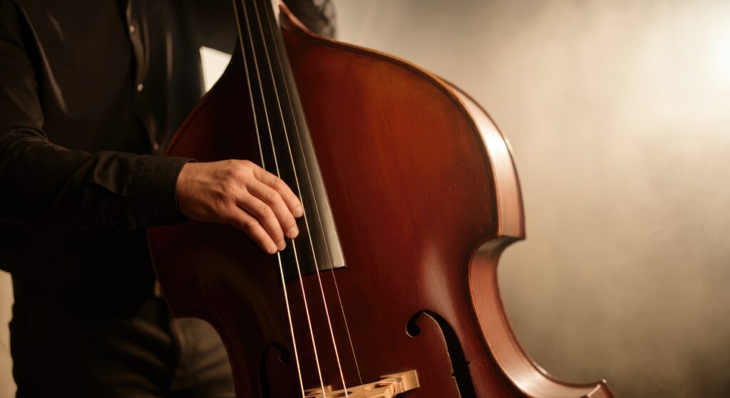Muzikant met zwart hemd bespeelt een houten contrabas met warm tegenlicht.